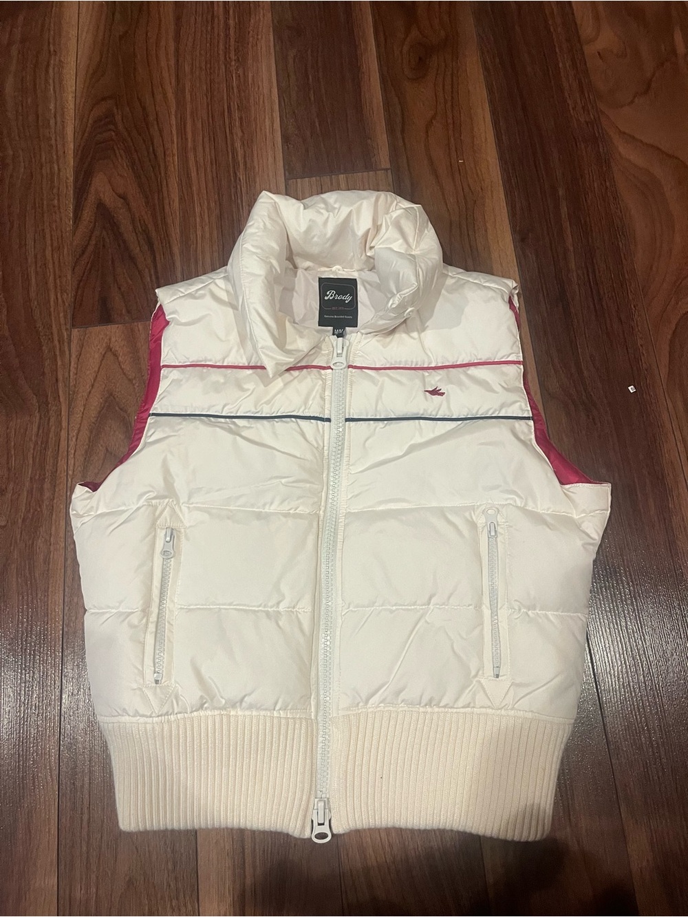 Women’s White Cream Puffer Vest with Pink Accents Medium